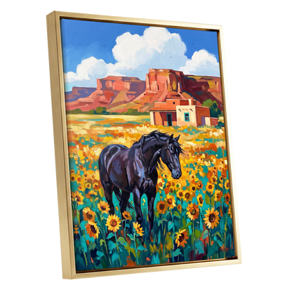 Sunflower Mesa, black, blue, green nature wall art shown as a gold framed canvas wall art