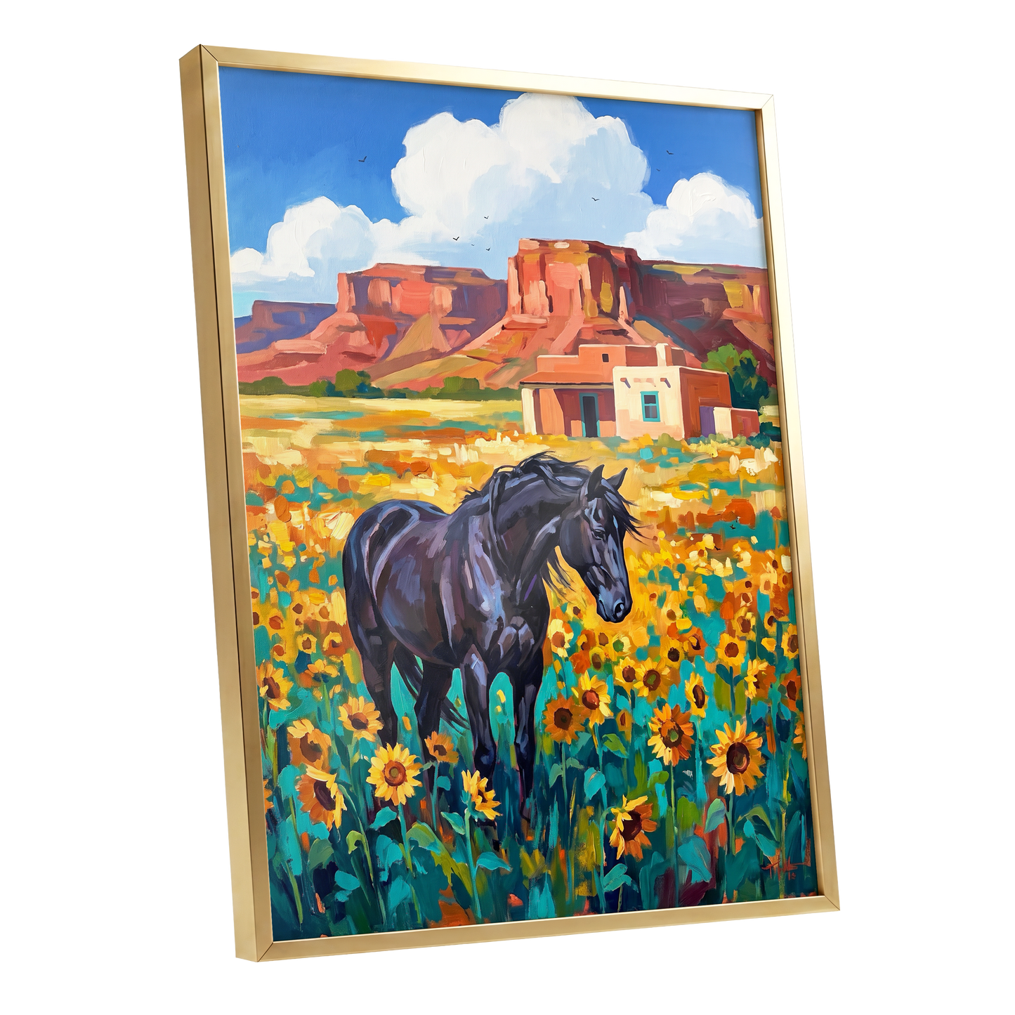 Sunflower Mesa, black, blue, green nature wall art shown as a gold framed poster wall art print