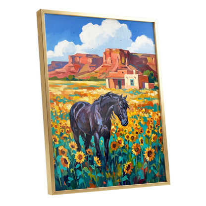 Sunflower Mesa, black, blue, green nature wall art shown as a gold framed poster wall art print