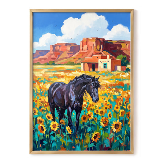 Sunflower Mesa, black, blue, green nature wall art, front artwork view