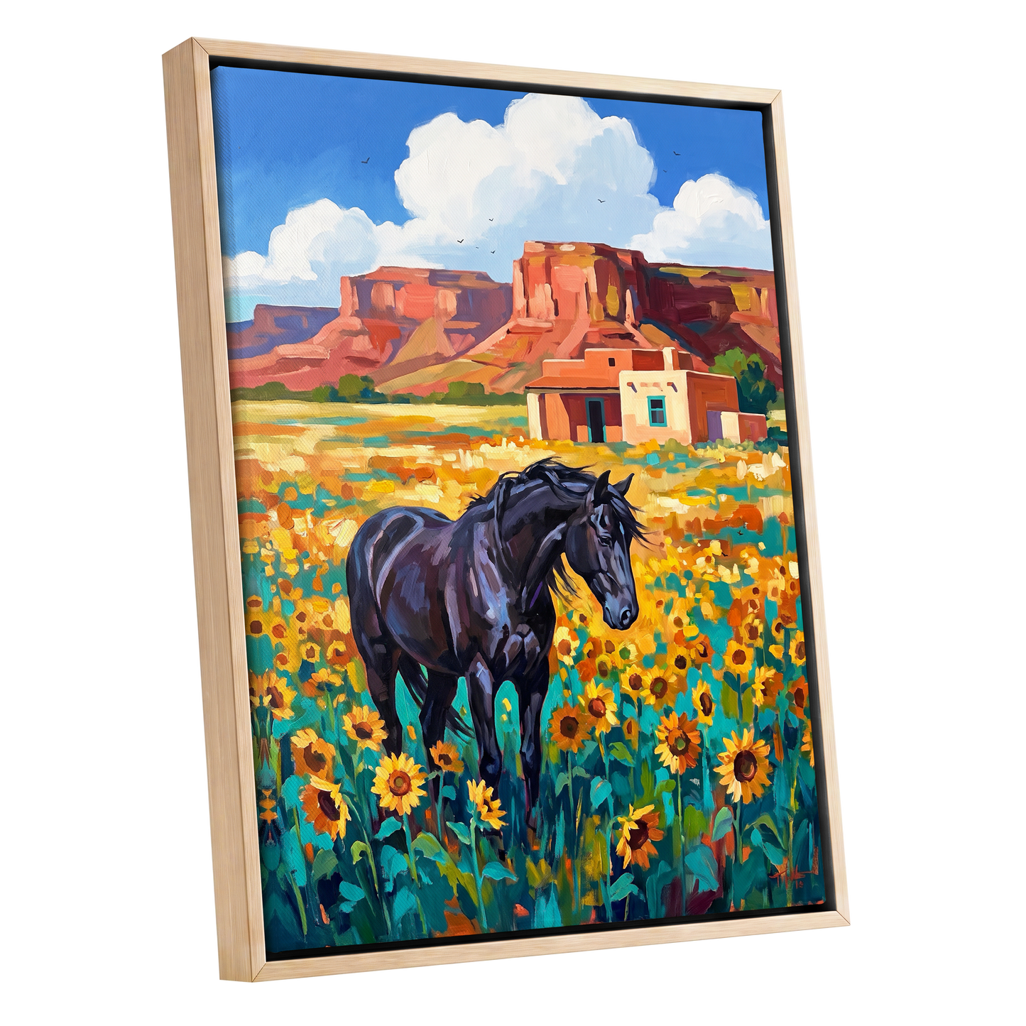 Sunflower Mesa, black, blue, green nature wall art shown as a oak framed canvas wall art