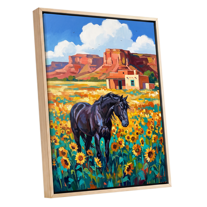 Sunflower Mesa, black, blue, green nature wall art shown as a oak framed canvas wall art