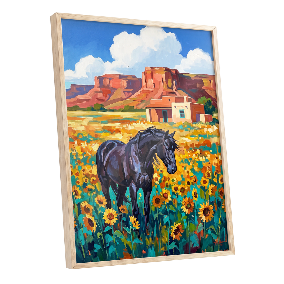 Sunflower Mesa, black, blue, green nature wall art shown as a oak framed poster wall art print