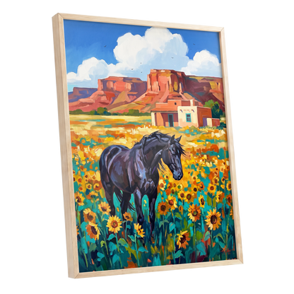 Sunflower Mesa, black, blue, green nature wall art shown as a oak framed poster wall art print