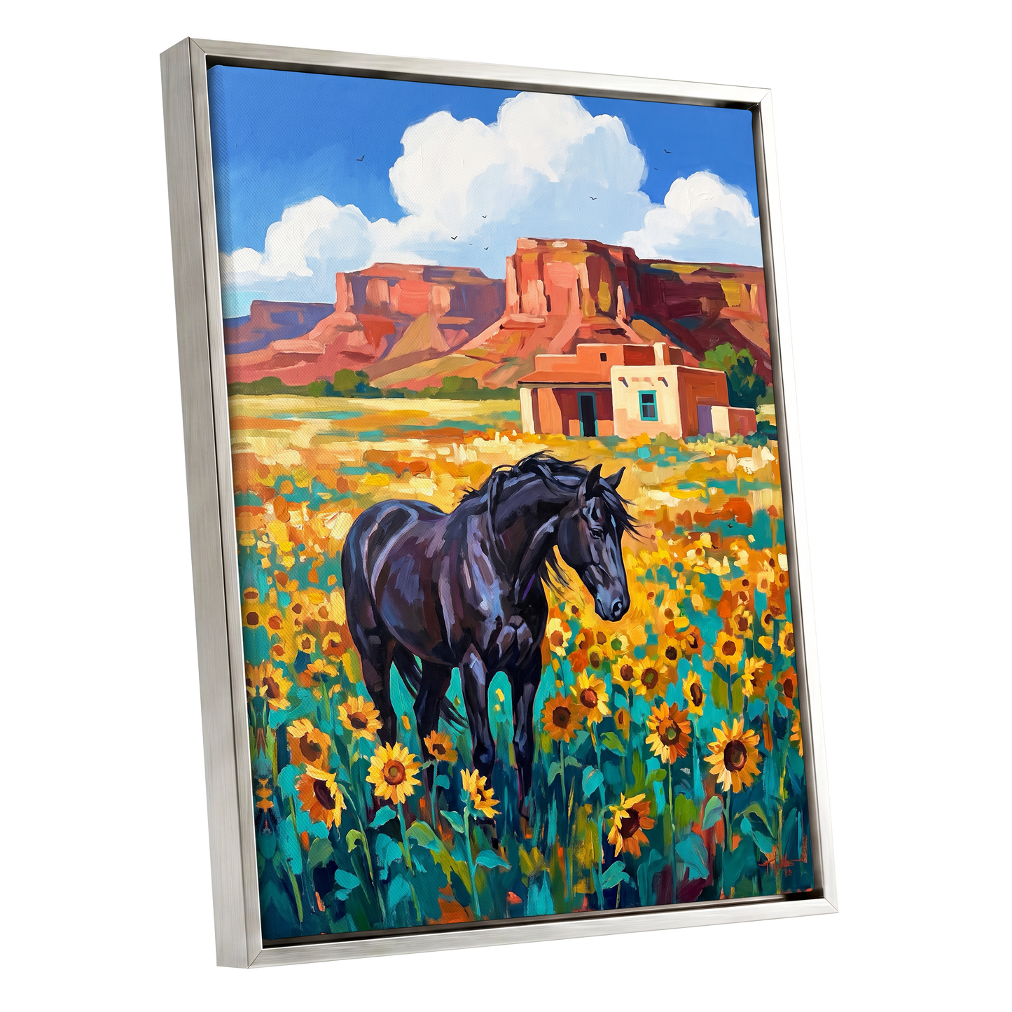 Sunflower Mesa, black, blue, green nature wall art shown as a silver framed canvas wall art