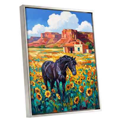 Sunflower Mesa, black, blue, green nature wall art shown as a silver framed canvas wall art