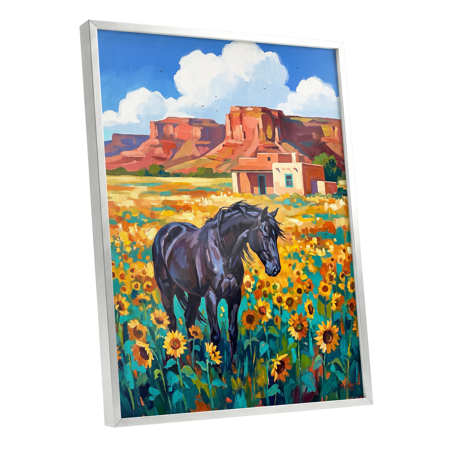 Sunflower Mesa, black, blue, green nature wall art shown as a silver framed poster wall art print