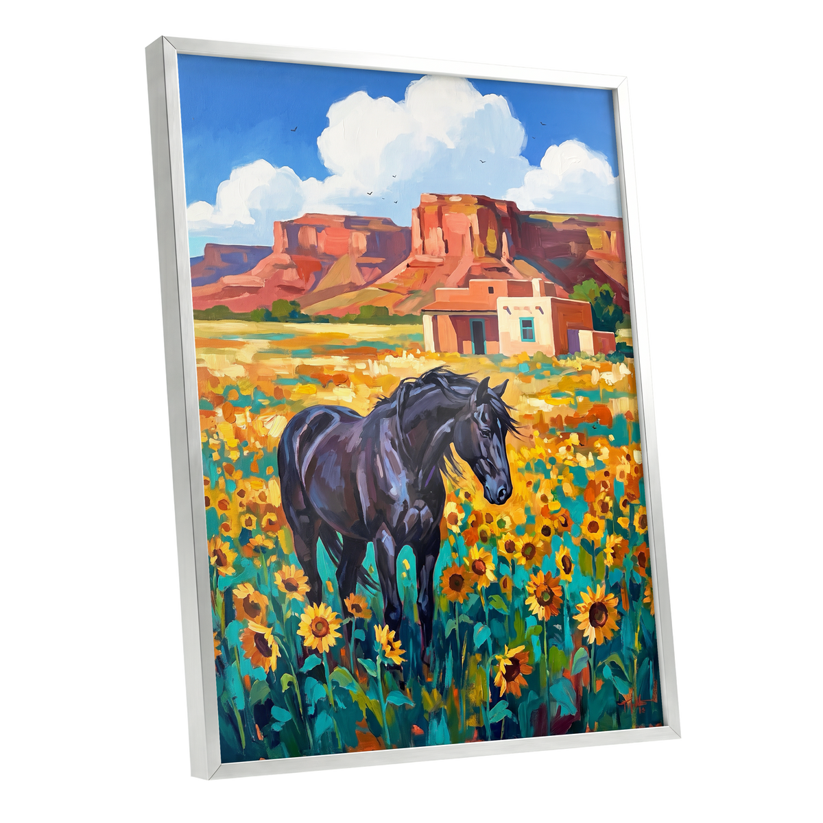 Sunflower Mesa, black, blue, green nature wall art shown as a silver framed poster wall art print