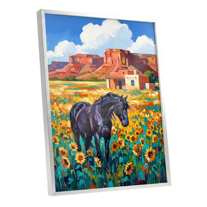 Sunflower Mesa, black, blue, green nature wall art shown as a silver framed poster wall art print