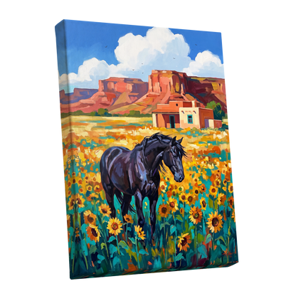 Sunflower Mesa, black, blue, green nature wall art shown as a stretched canvas wall art