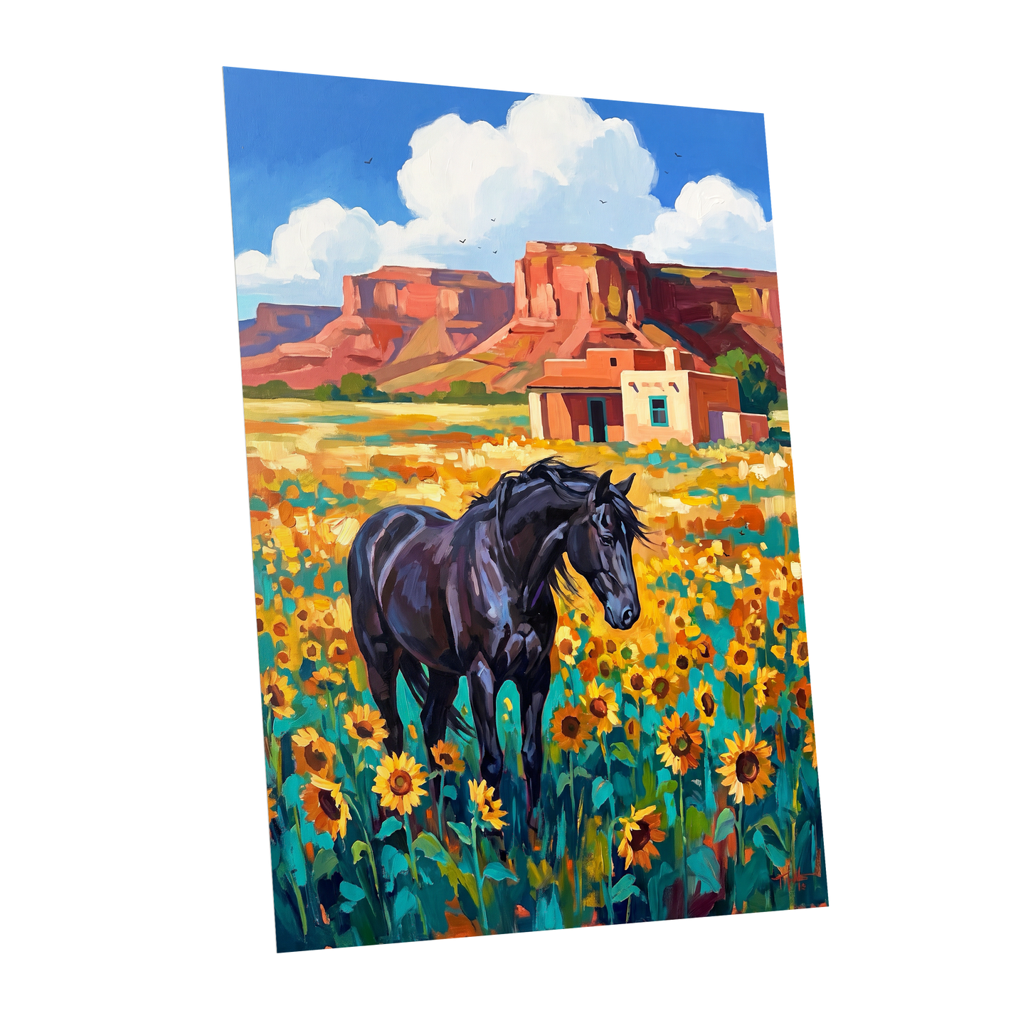 Sunflower Mesa, black, blue, green nature wall art shown as a unframed poster wall art print