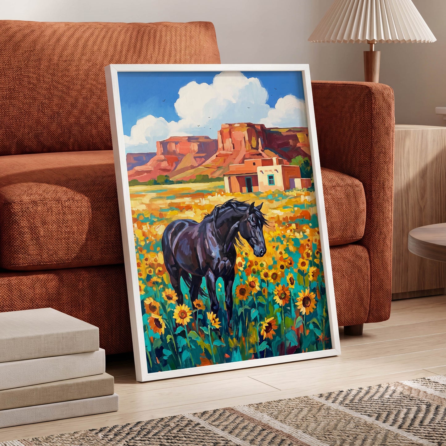 Sunflower Mesa, black, blue, green nature wall art displayed in a styled interior, gallery view 2