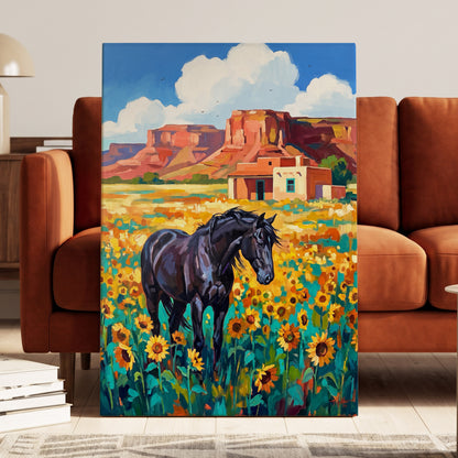 Sunflower Mesa, black, blue, green nature wall art displayed in a styled interior, gallery view 3