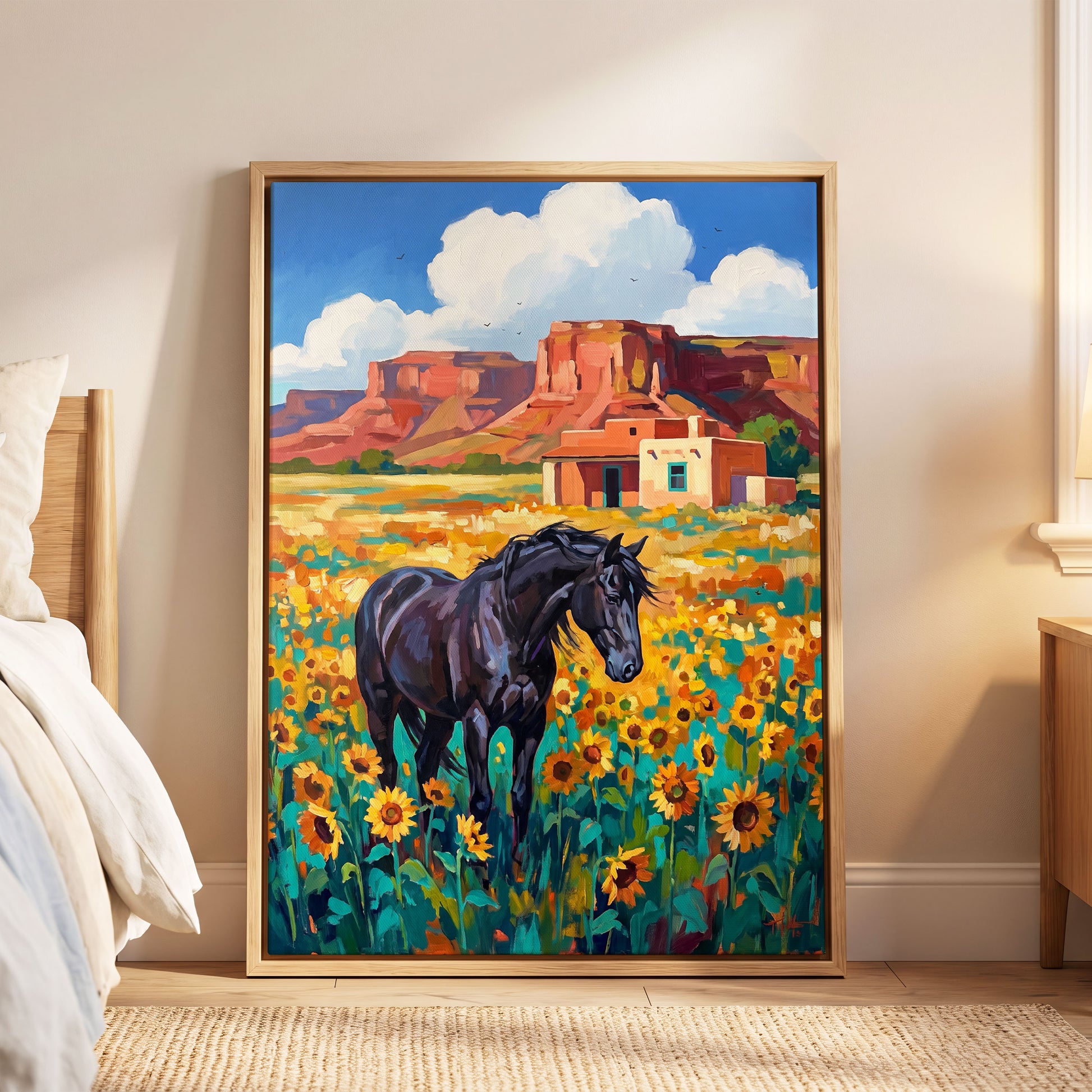 Sunflower Mesa, black, blue, green nature wall art displayed in a styled interior, gallery view 4