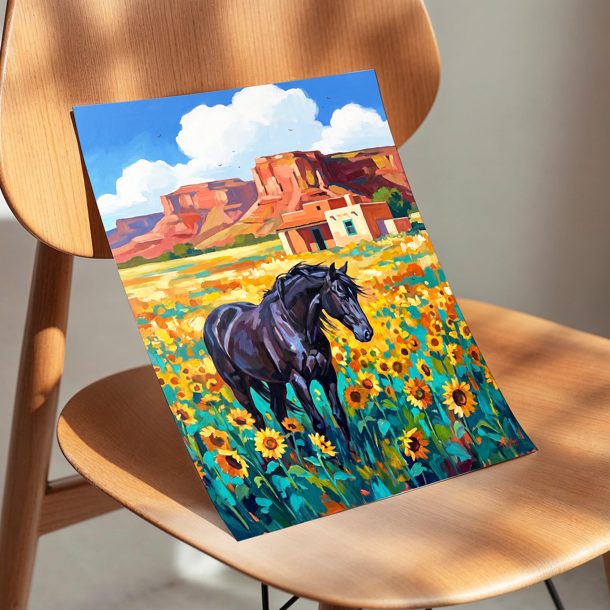Sunflower Mesa, black, blue, green nature wall art displayed in a styled interior, gallery view 5