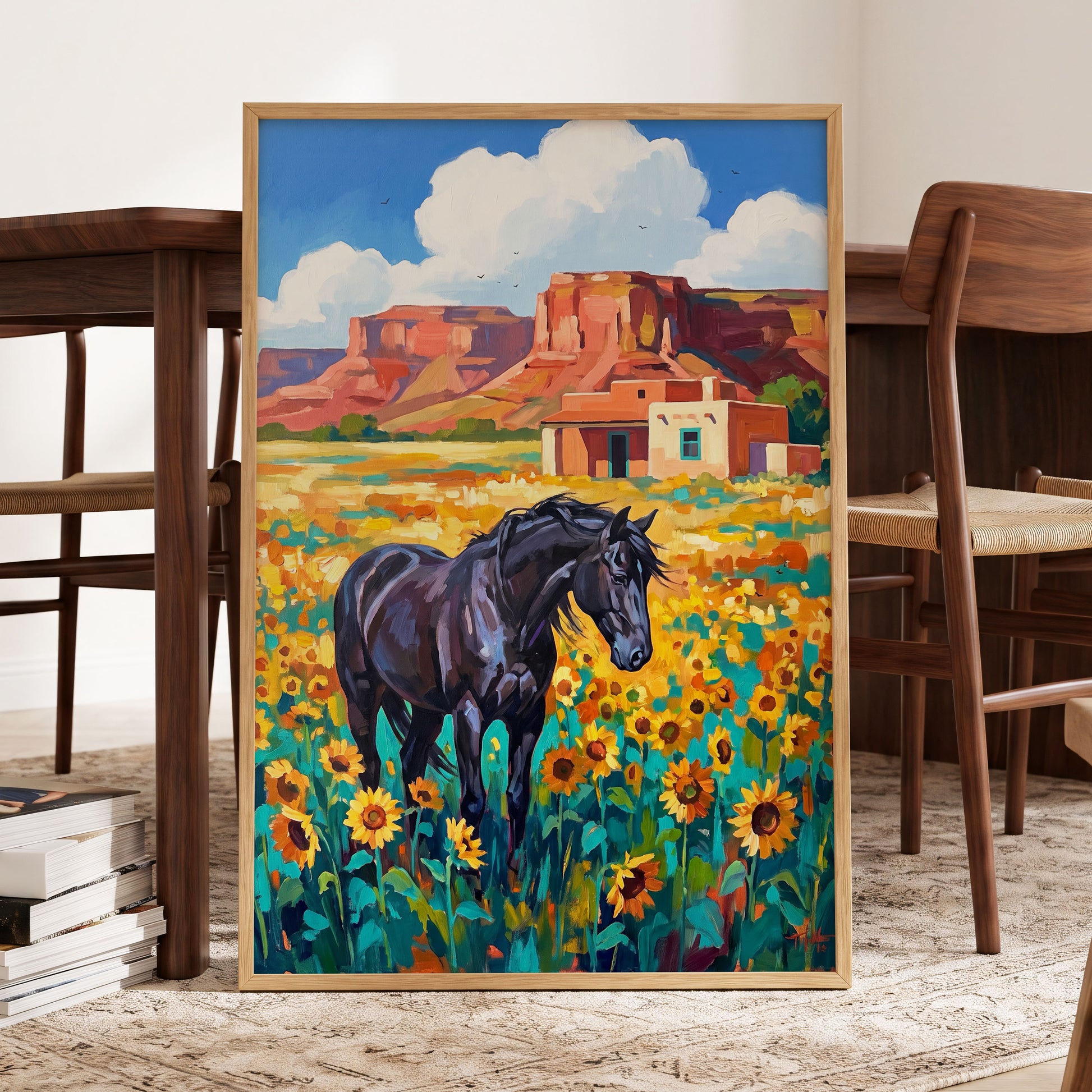 Sunflower Mesa, black, blue, green nature wall art displayed in a styled interior, gallery view 6