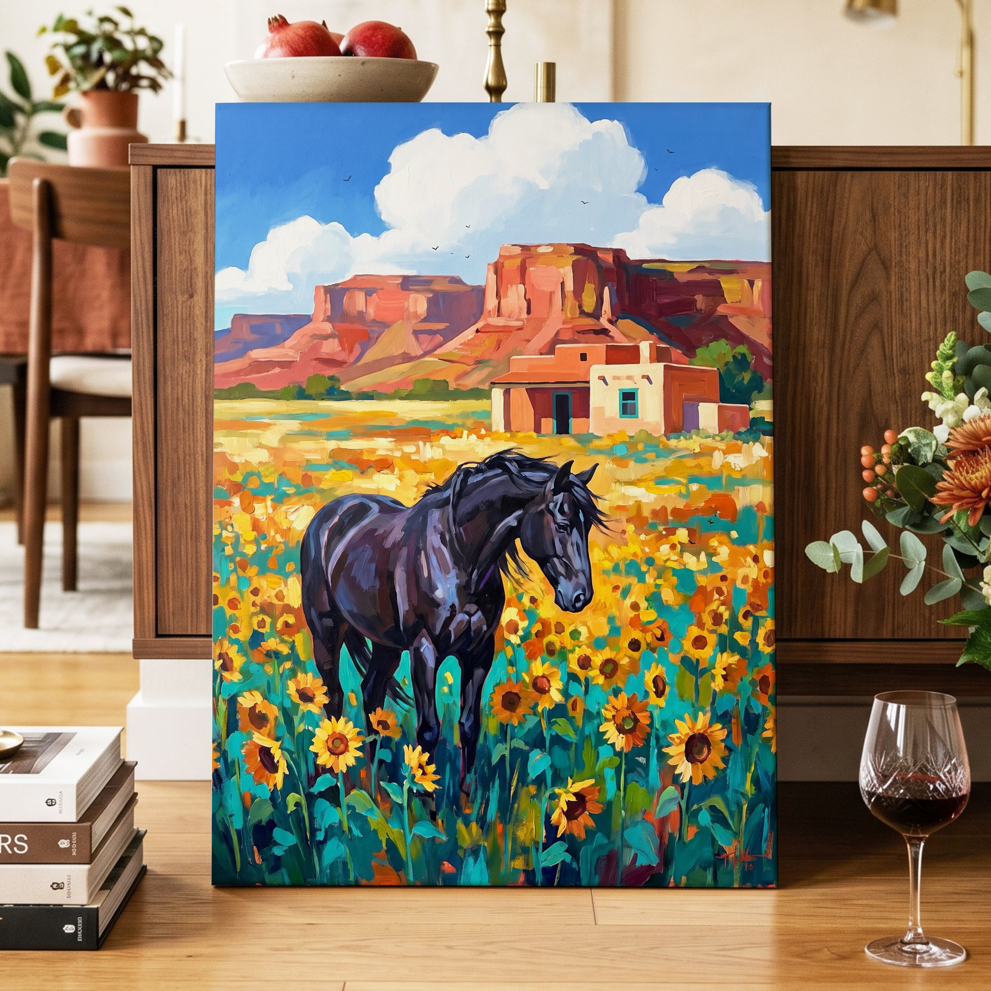 Sunflower Mesa, black, blue, green nature wall art displayed in a styled interior, gallery view 7