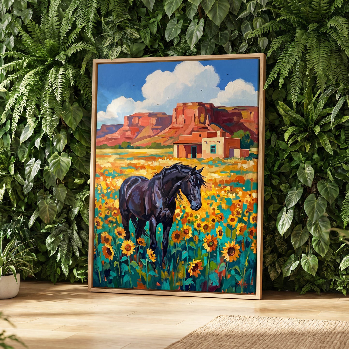 Sunflower Mesa, black, blue, green nature wall art displayed in a styled interior, gallery view 8