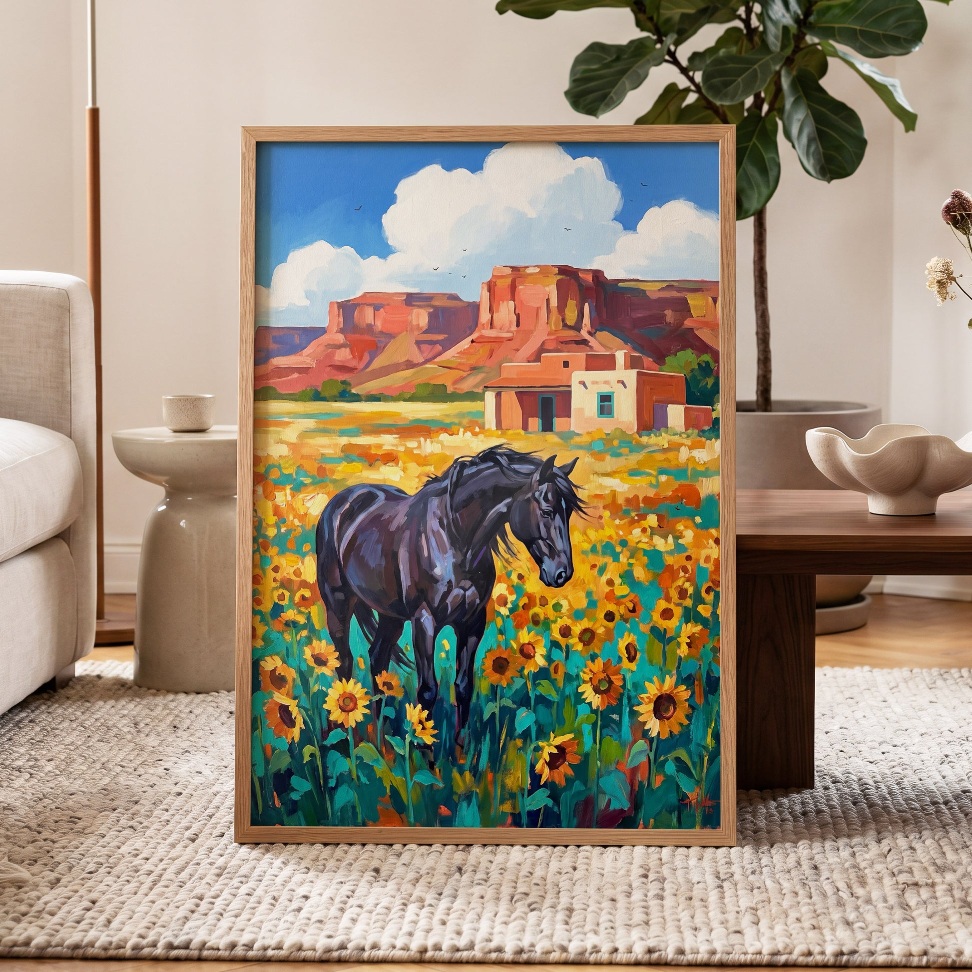 Sunflower Mesa, black, blue, green nature wall art displayed in a styled interior, gallery view 9