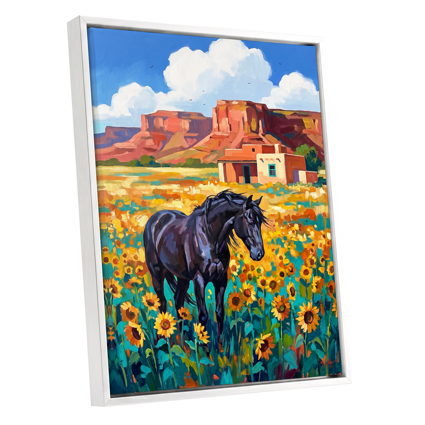 Sunflower Mesa, black, blue, green nature wall art shown as a white framed canvas wall art