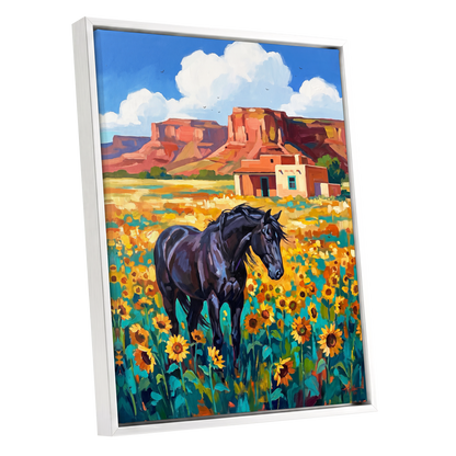 Sunflower Mesa, black, blue, green nature wall art shown as a white framed canvas wall art
