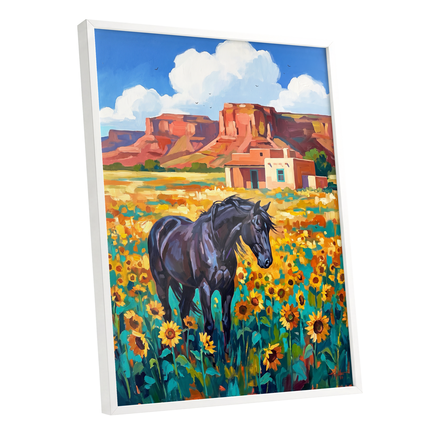 Sunflower Mesa, black, blue, green nature wall art shown as a white framed poster wall art print