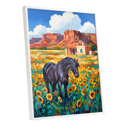 Sunflower Mesa, black, blue, green nature wall art shown as a white framed poster wall art print