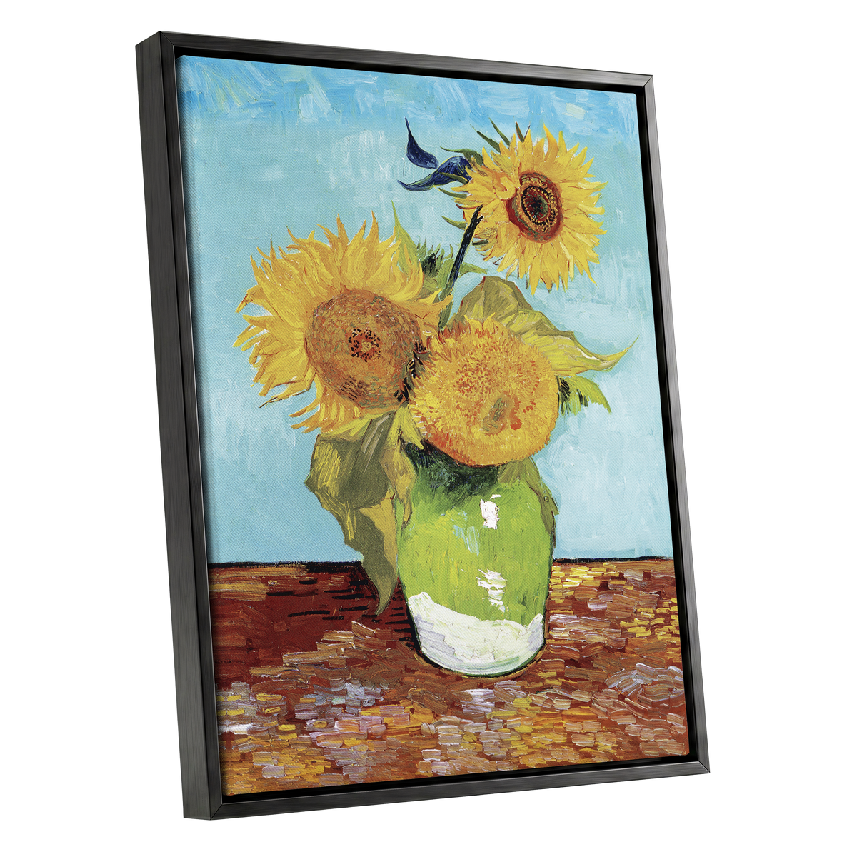 Sunflower Tablelight, yellow, blue, green floral wall art shown as a black framed canvas wall art