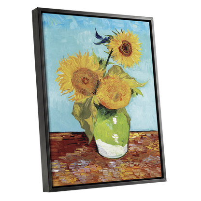 Sunflower Tablelight, yellow, blue, green floral wall art shown as a black framed canvas wall art