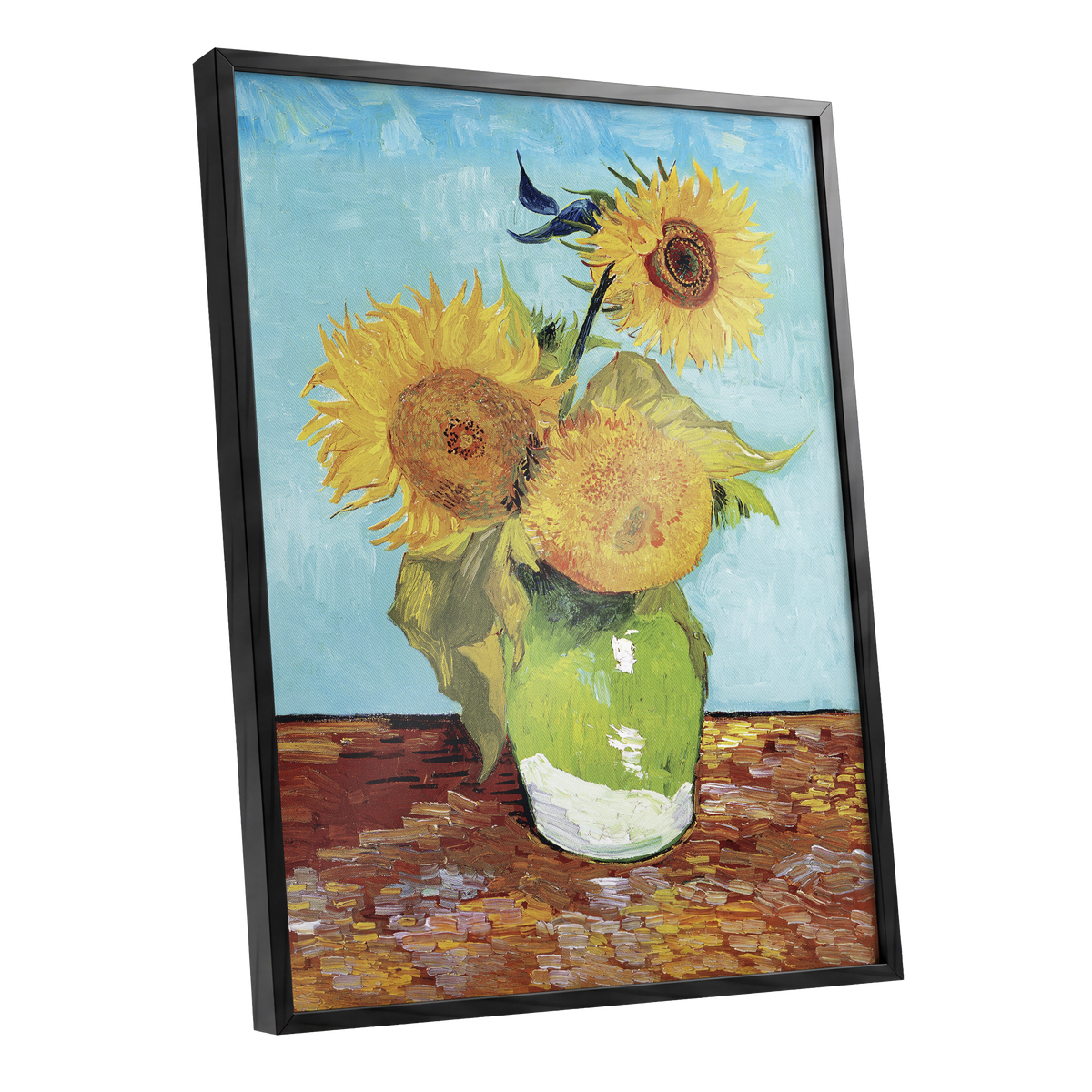 Sunflower Tablelight, yellow, blue, green floral wall art shown as a black framed poster wall art print