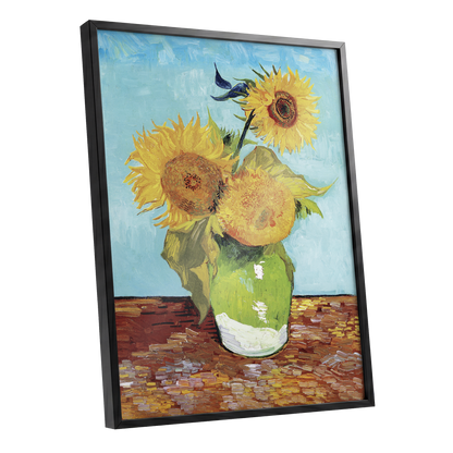 Sunflower Tablelight, yellow, blue, green floral wall art shown as a black framed poster wall art print