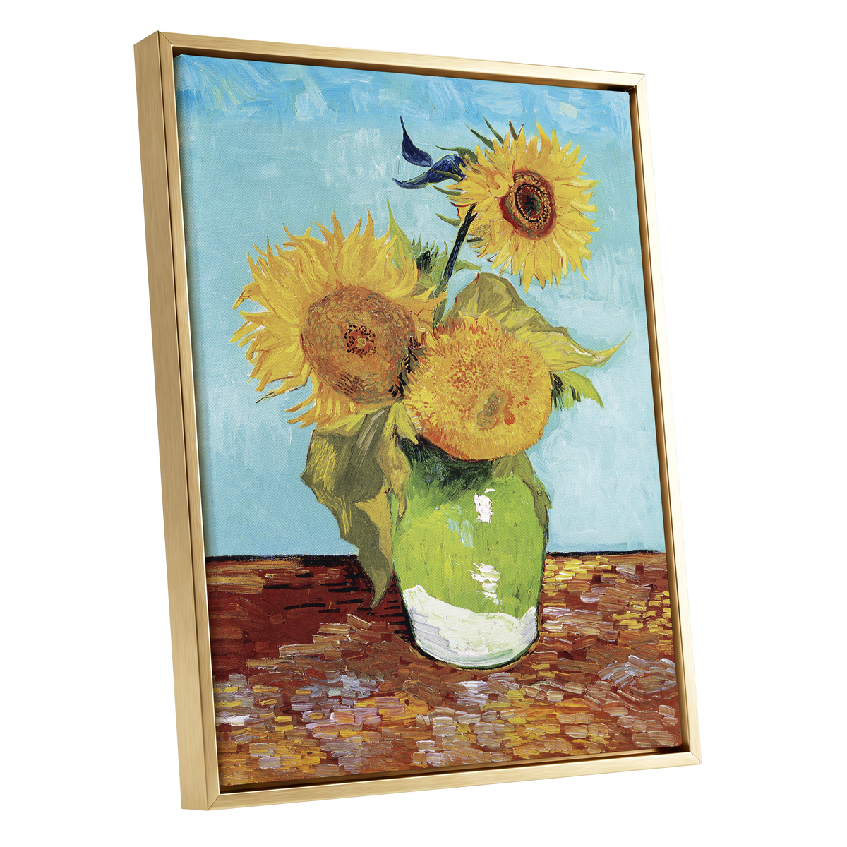 Sunflower Tablelight, yellow, blue, green floral wall art shown as a gold framed canvas wall art