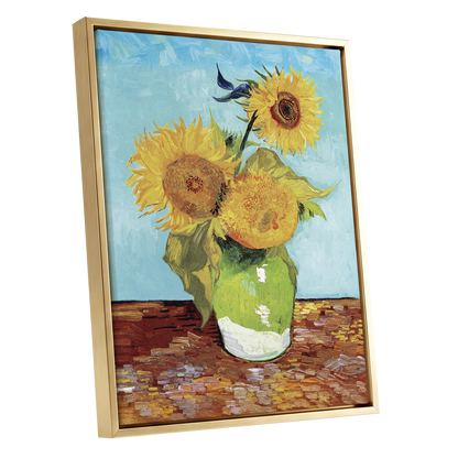 Sunflower Tablelight, yellow, blue, green floral wall art shown as a gold framed canvas wall art