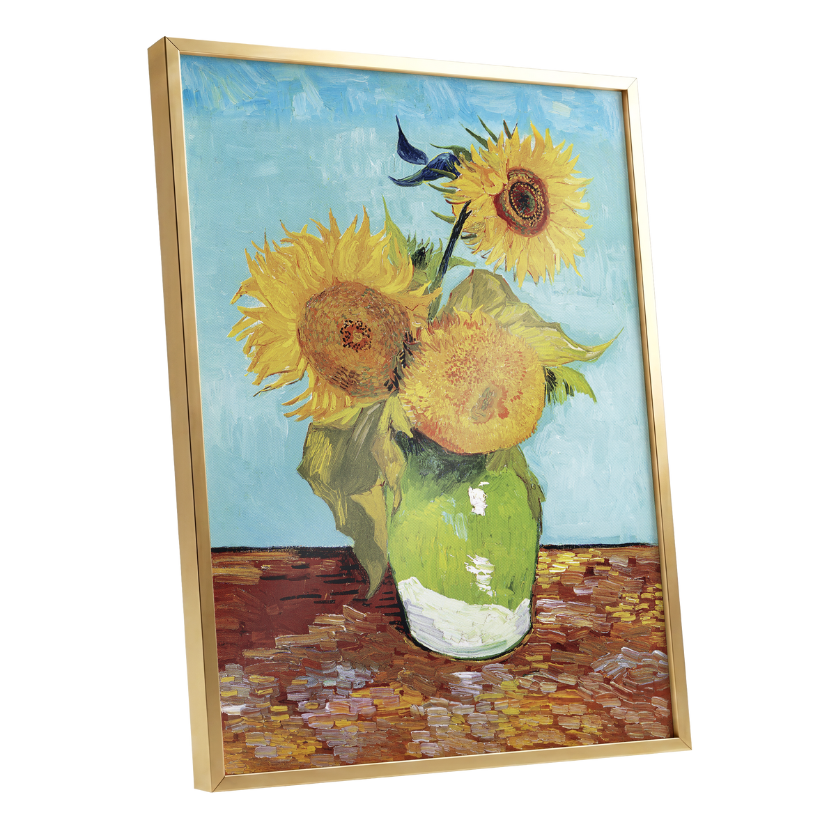 Sunflower Tablelight, yellow, blue, green floral wall art shown as a gold framed poster wall art print