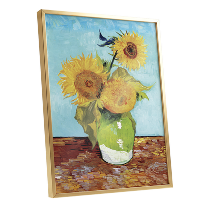 Sunflower Tablelight, yellow, blue, green floral wall art shown as a gold framed poster wall art print