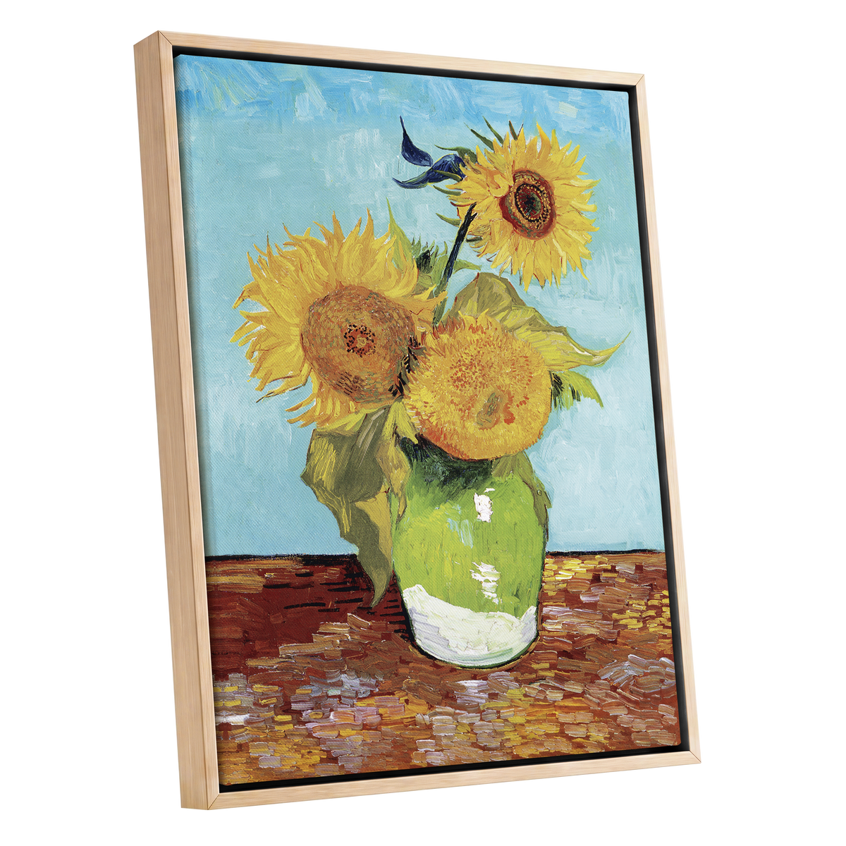 Sunflower Tablelight, yellow, blue, green floral wall art shown as a oak framed canvas wall art