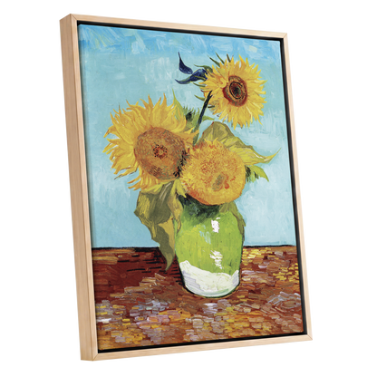 Sunflower Tablelight, yellow, blue, green floral wall art shown as a oak framed canvas wall art