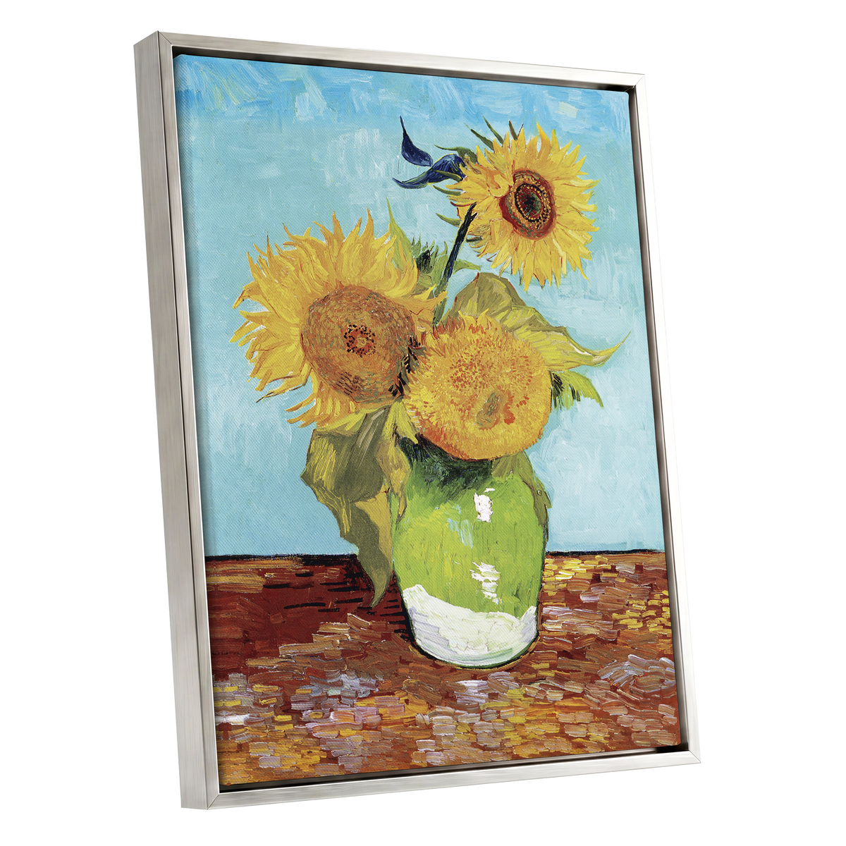 Sunflower Tablelight, yellow, blue, green floral wall art shown as a silver framed canvas wall art