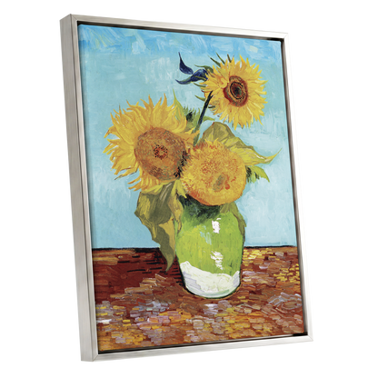 Sunflower Tablelight, yellow, blue, green floral wall art shown as a silver framed canvas wall art