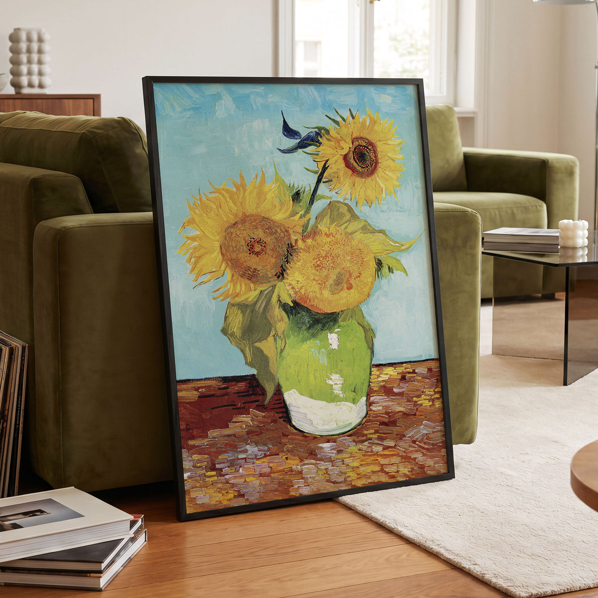 Sunflower Tablelight, yellow, blue, green floral wall art displayed in a styled interior, gallery view 2