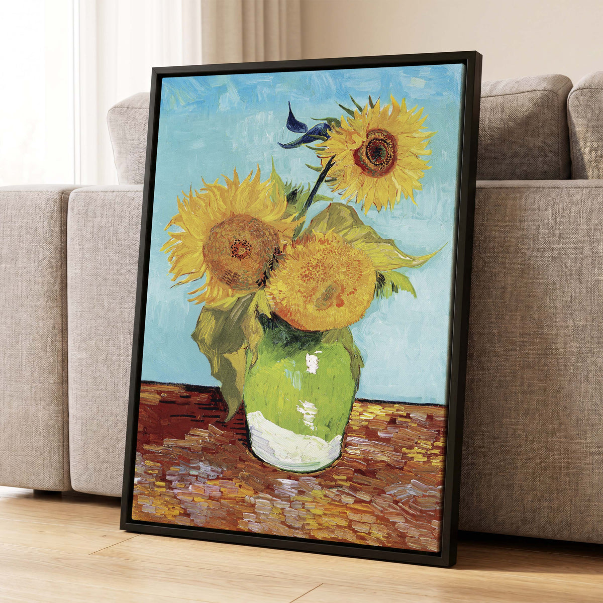 Sunflower Tablelight, yellow, blue, green floral wall art displayed in a styled interior, gallery view 4