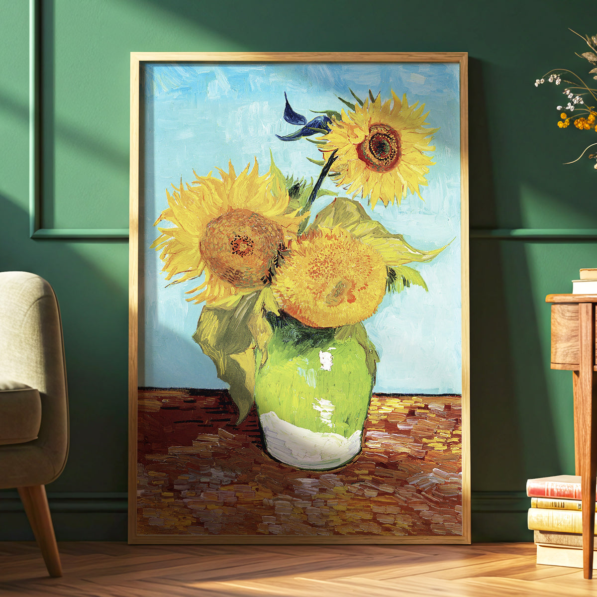 Sunflower Tablelight, yellow, blue, green floral wall art displayed in a styled interior, gallery view 6