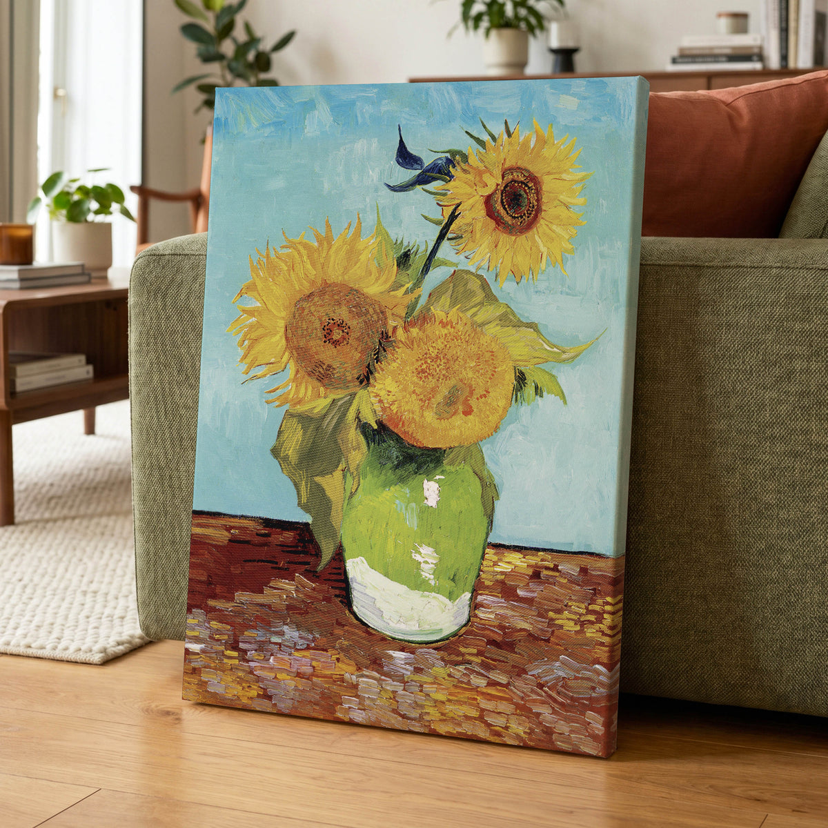 Sunflower Tablelight, yellow, blue, green floral wall art displayed in a styled interior, gallery view 7