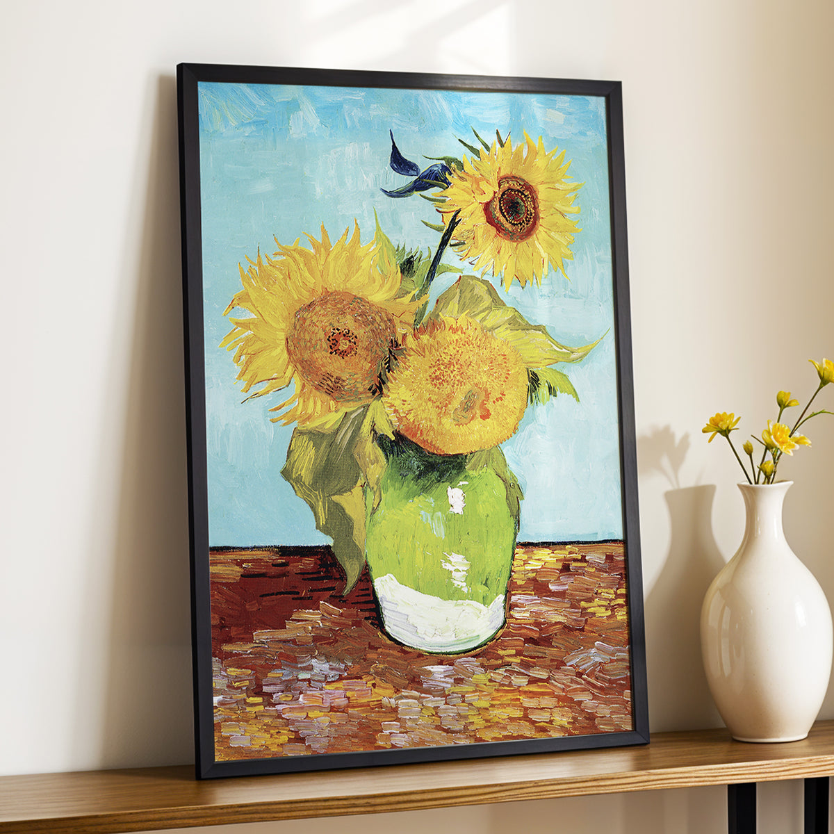 Sunflower Tablelight, yellow, blue, green floral wall art displayed in a styled interior, gallery view 9