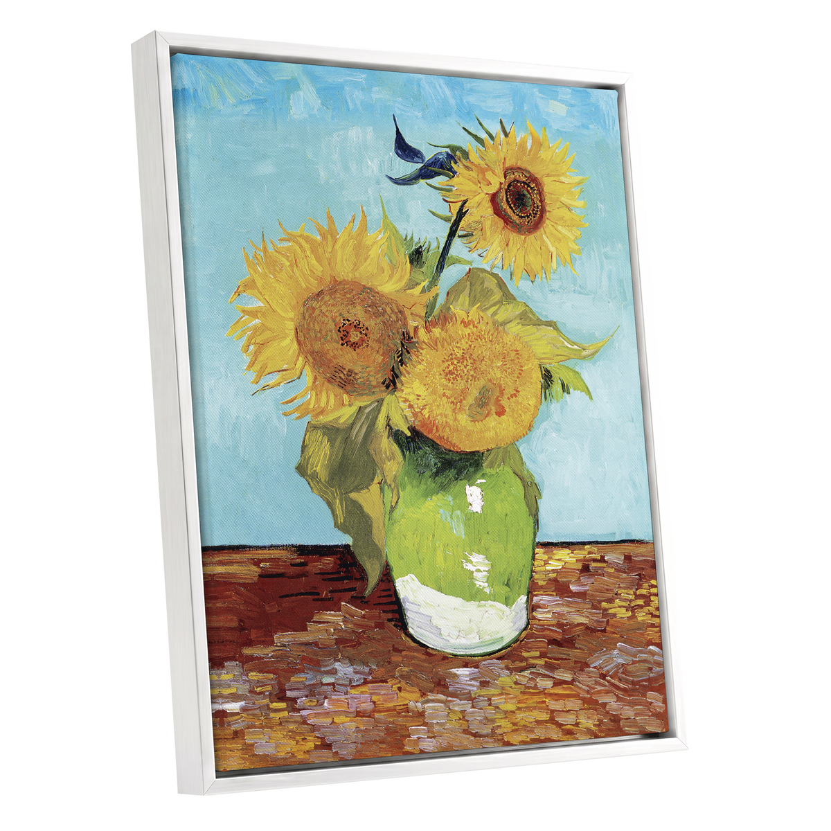 Sunflower Tablelight, yellow, blue, green floral wall art shown as a white framed canvas wall art