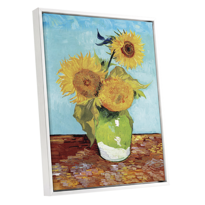 Sunflower Tablelight, yellow, blue, green floral wall art shown as a white framed canvas wall art