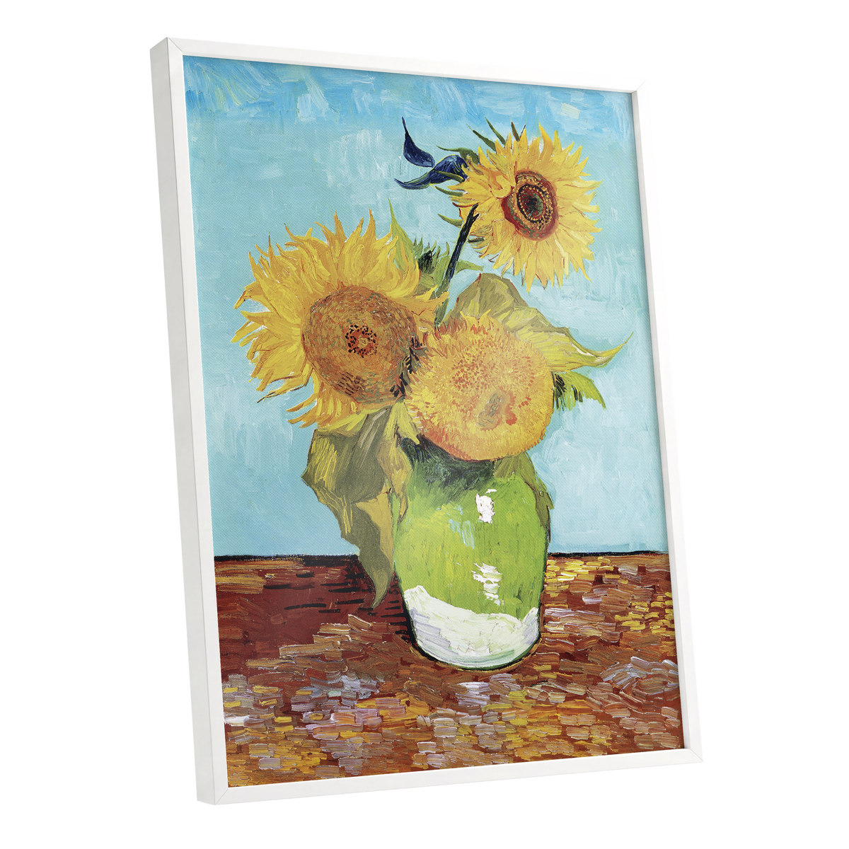Sunflower Tablelight, yellow, blue, green floral wall art shown as a white framed poster wall art print