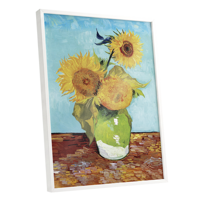 Sunflower Tablelight, yellow, blue, green floral wall art shown as a white framed poster wall art print