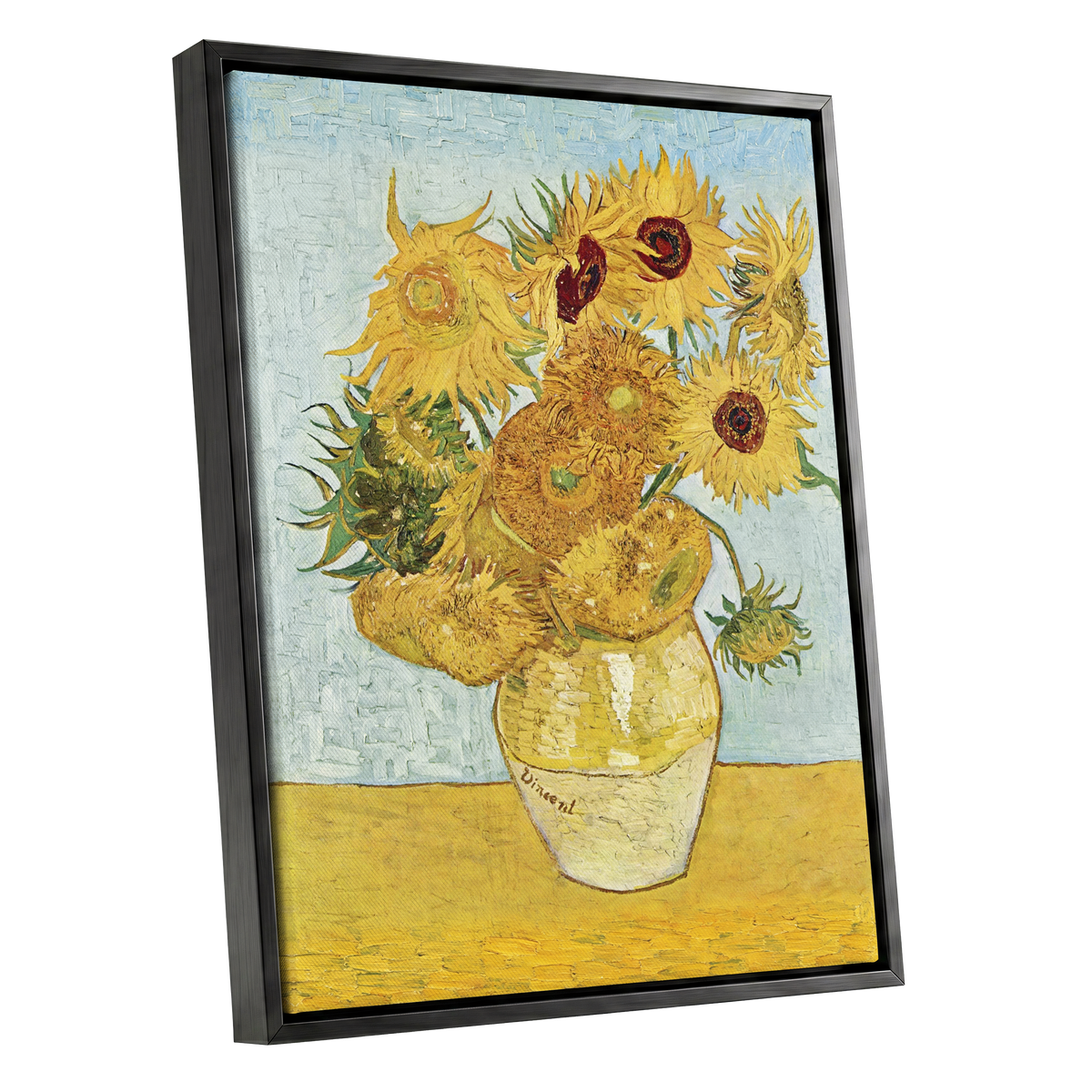 Sunflowers in Azure, yellow, blue, green floral wall art shown as a black framed canvas wall art