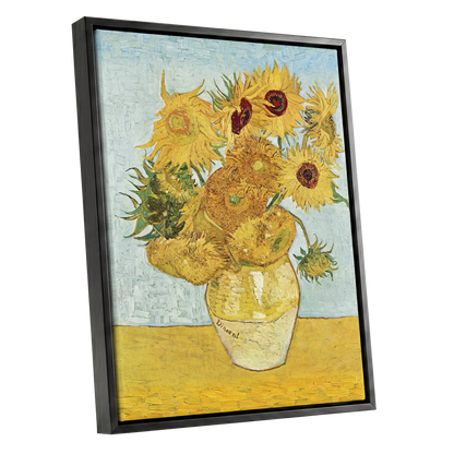 Sunflowers in Azure, yellow, blue, green floral wall art shown as a black framed canvas wall art
